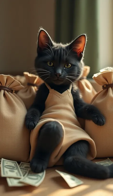  an anthropomorphic female cat with a black coat, with a sculptural and well-defined body, in a room full of money bags and loose bills on the floor, She's lying in one of the bags, Dress a modern tight beige dress, and it has an expression of joy and happ...