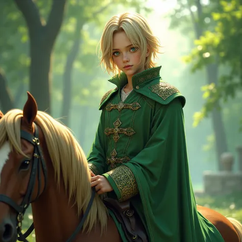 vergil (Devil Man Cry)  WITH BLOND BACK HAIR AND ADOLESCENT APPEARANCE,  freckles on the cheek,  EMERALD-GREEN EYES , ELEGANT GREEN GARMENTS  (medieval) on top of a horse.
 Realism , brilliance, anime