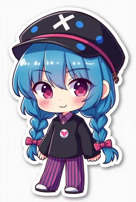 Isha stickers of a  with blue hair divided into two braids with the rest of the hair curled to the side, And a black war hat with blue and pink spots, black shirt with x in the middle and purple pants with vertical stripes pink chibi