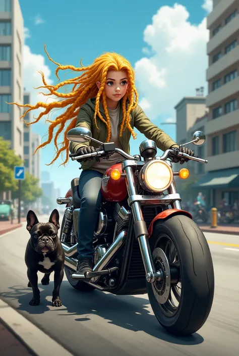 A girl with blond dreadlocks riding a motorcycle poops with a black French bulldog