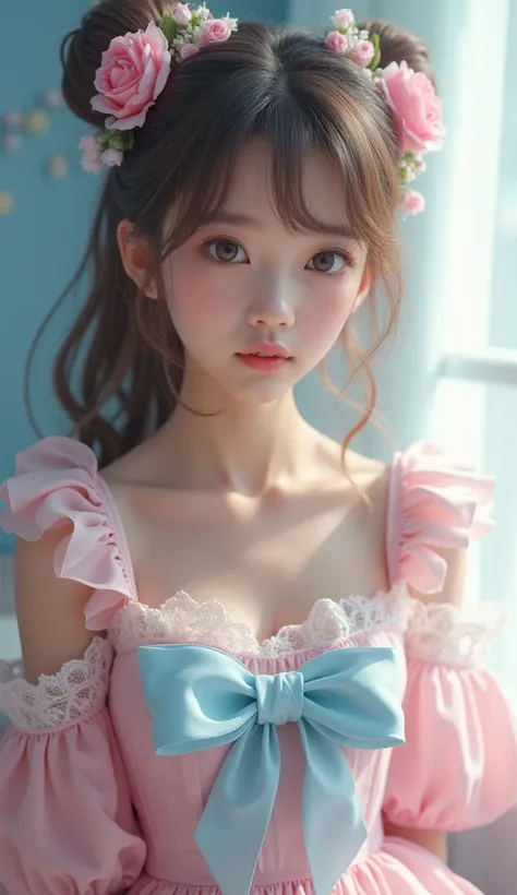  photorealistic (  top quality 、 masterpiece、8k、 best image quality、 hyperrealism、 Award-winning work  )、1  cute beautiful koreanisches girl、( alone:1.1)、( 1 photo:1.1)、( cute, ,  Light Pink and Light Blue Transparent Lolita Dress  :1.2)、(Cute  big ribbon:...