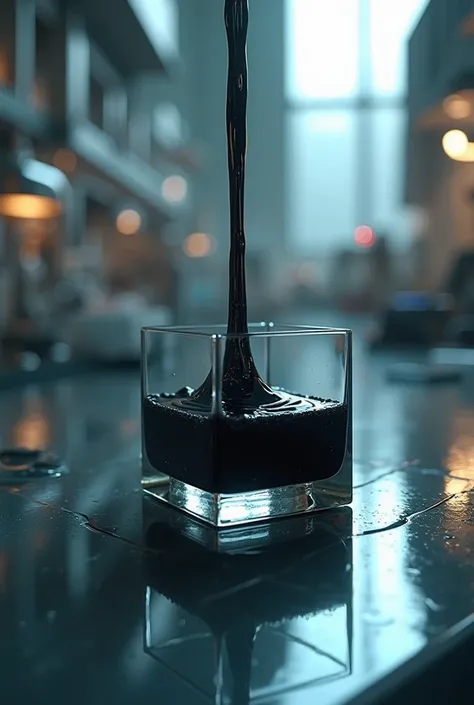 In the middle of a futuristic laboratory, a black liquid coming out of a small glass cube, 4k, (ultra realistic), (ultra quality), (ultra rellistic)