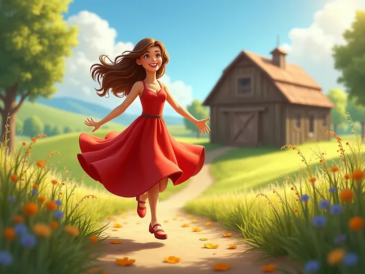 Clara in a bright red dress, skipping towards the barn.