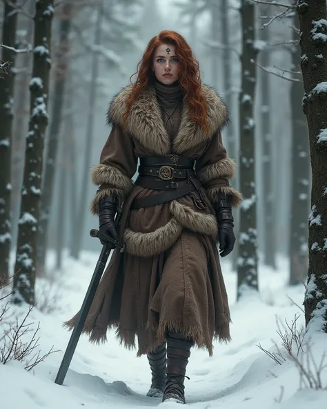 girl in a fur skin with a sword cutting through a winter pine forest, by Emma Andievskaya, winner of Artstation, in the image of a Viking warrior, full-length, beautiful figure, clothes made of skins, belts on the belt, avatar image, lady forest hunter, wi...