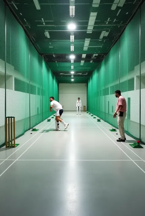 “An expansive indoor sports facility featuring cricket practice nets. The flooring is polished, light grey synthetic material with clear boundary lines. The nets are suspended from the ceiling, creating individual practice lanes with green mesh netting on ...