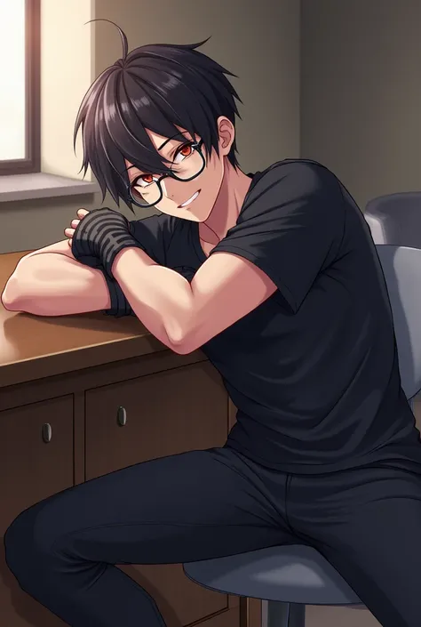 Handsome male anime guy, eye glasses, fingerless gloves, thigh-high boots, smiling, legs spreading, lying down on a kitchen table, nsfw