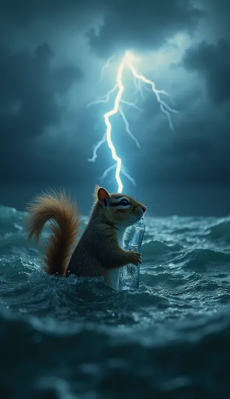 “A dramatic scene of a squirrel drowning in the middle of the sea. Thunder roars, and lightning illuminates the dark waves. The unconscious squirrel holds a water bottle floating on the water and its entire body is covered in water. The sky is full of omin...