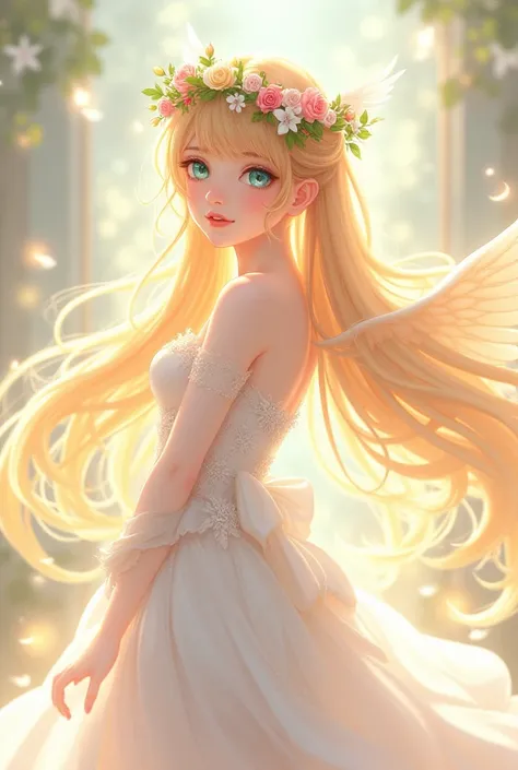 Anime, angel, goddess, 1girl, young adult 19-year-old, ethereal and divine like features and beauty, tall and confident posture, long Rapunzel like hair that is Golden Pearl Blonde color like color of champagne with bangs and shines, wearing a stunning sno...