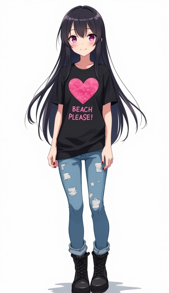 Japanese anime age woman with long black hair and intense magenta eyes and red nails and wears a black t-shirt with short sleeves and a heart design with pink dots and text "BEACH PLEASE!" In the center black background with distressed blue denim pants and...