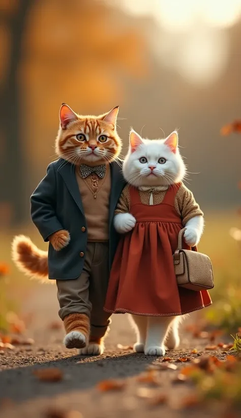 Create an image of these two cats in clothes the orange male is wearing dress clothes and his female wife a white cat is wearing dress and a bag, They are going out to dinner in the background of a blurry field