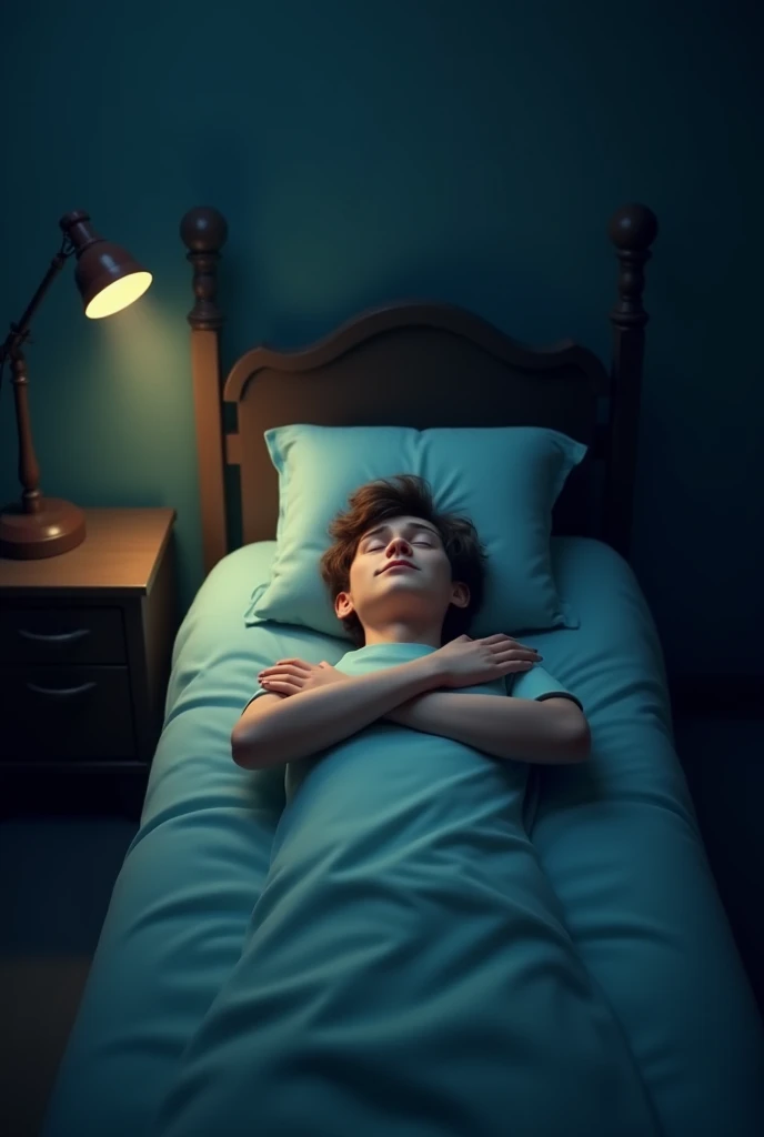 A humorous scene of a person lying flat on a bed with their arms crossed, pretending to sleep. A group of crime investigators with flashlights checks the room but ignores them, thinking they are lifeless. The room is dim, with shadows creating a dramatic e...