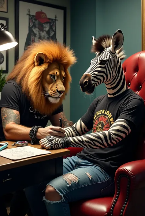 "A lion with a human tattoo artist's body, wearing a tattoo apron, is intensely focused as it tattoos the arm of a zebra. The zebra is styled as a rocker, wearing a fitted black T-shirt with a bold band logo, paired with ripped jeans and accessories like s...