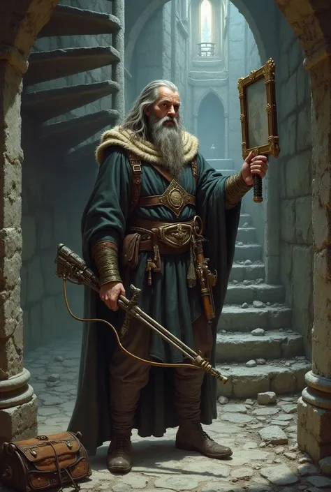  hyper-detailed ,  hyper-realistic, Medieval style DND  , on one level,  A frightened minstrel  , bearded, beau et maigre ,  l'air effrayé, Dressed in minstrel clothes,  holding a large rectangular mirror in his left hand and a crossbow in his right hand T...