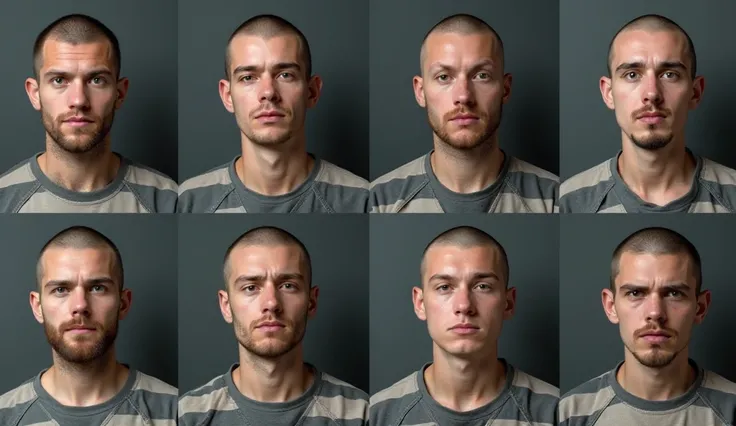 UHD, 8K, grid of 8 mugshots of very very different male convicts, very very different male faces, all aged around 18, all in tshirts with wide horizontal black and white prisonstripes, all bald, most unshaved or with a short beard, very dark and plain grey...