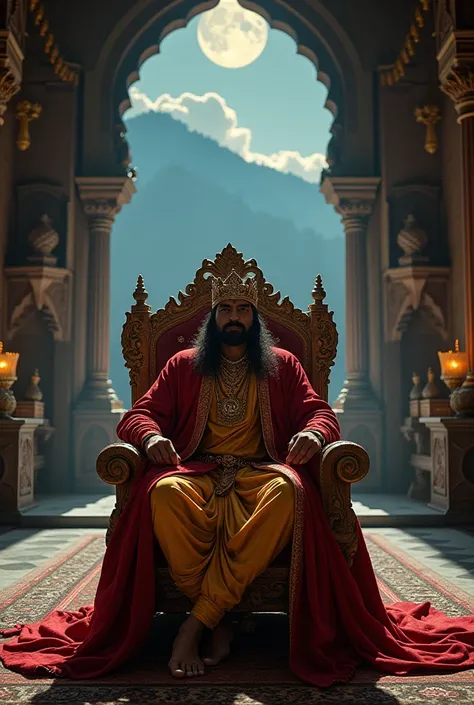 A very clear ultra dynamic picture of"An ancient Indian palace set in the Himalayan foothills, with a regal king sitting on a grand throne. The king, Vikramdev, is dressed in golden and red royal robes with a crown, looking mysterious. The atmosphere is se...