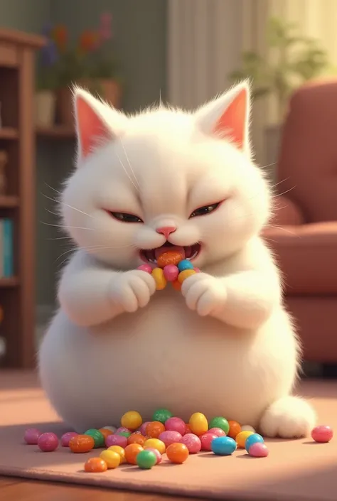 the white faty cat eating the candies and pain in mouth in a house