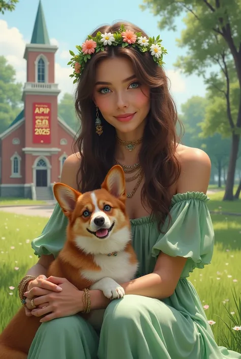 Create an image of a sexiest young woman with long, wavy hair wearing a delicate floral crown and full gems. She’s holding a corgi dog and seat on grass of park, which has striking blue eyes and smile very beautiful. The person is adorned with multiple nec...