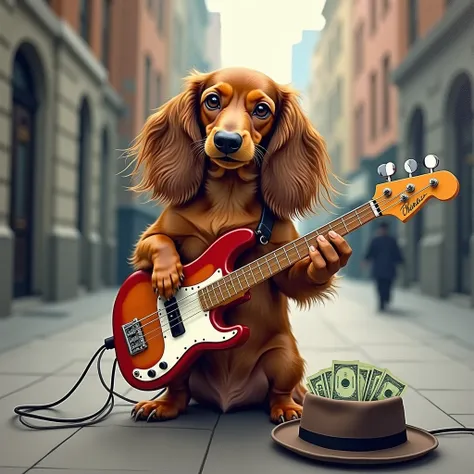  miniature dachshund with long brown hair playing a five-string bass guitar in the city, the strap can be seen from the shoulder, a small amplifier is placed on the back, and the bass guitar and amplifier are connected by a cable、Make an acrylic painting w...