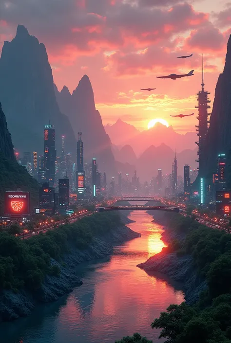 A hyper-realistic image of a futuristic cityscape at sunset, blending elements of cyberpunk and nature. The city should feature glowing neon signs, advanced architecture with visible green technologies (like vertical gardens and wind turbines), and flying ...