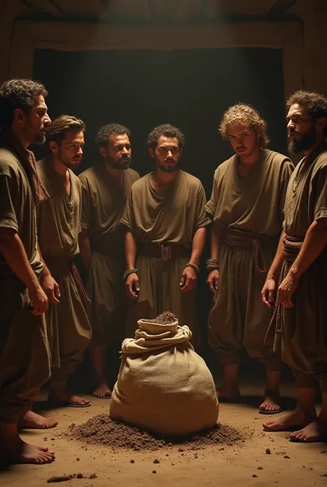 A dramatic family gathering in the mud house, with all the brothers surrounding the sack of dirt, listening to the youngest brother’s explanation with expressions of wonder.