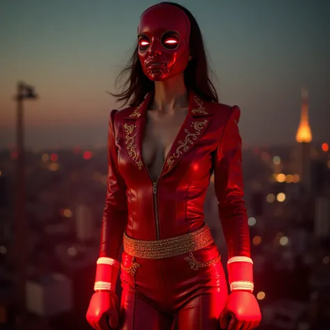 Armenian Woman Superhero in red leather mouth mask in red leather superhero costume with gold pattern that glows in red leather boxing gloves that glows in Beautiful high patent leather shoes on a high platform on a high heel stands in the city of Yerevan