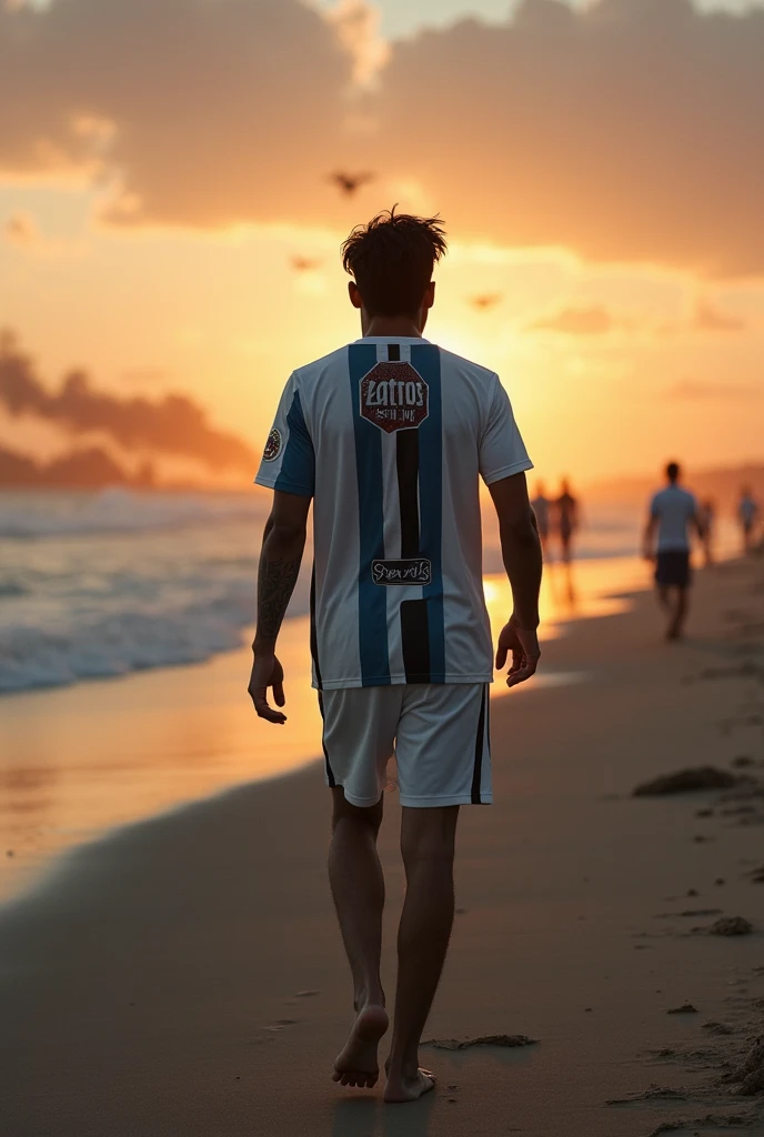 Neymar jr.  walking barefoot on a deserted beach at dusk ,  with the Santos FC symbol clearly printed on the shirt or tattooed on the arm . On the horizon,  a chaotic setting with elements of war , Like smoke ,  wreckage and helicopters in the distance ,  ...