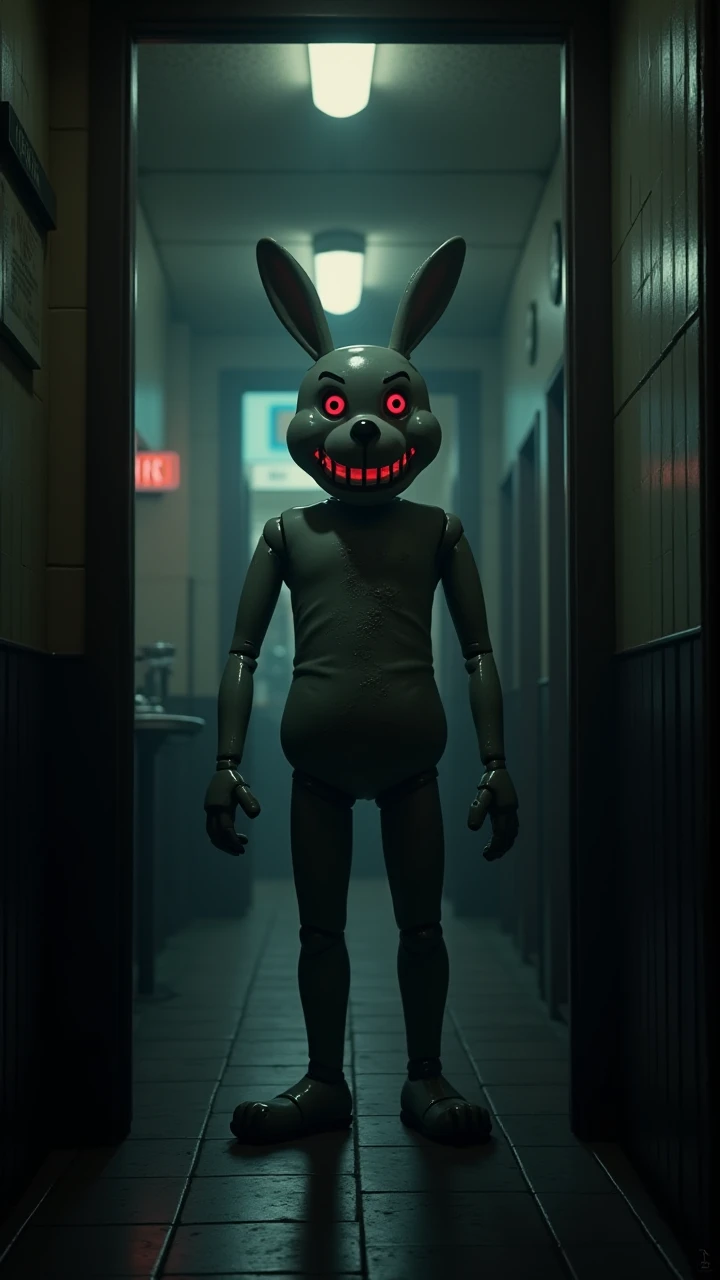  The dimly lit corridor of the diner , with Bonnie ,  the animatronic rabbit ,  standing at the entrance .  Its shape seems abnormally bent ,  with glowing red eyes and a macabre smile.