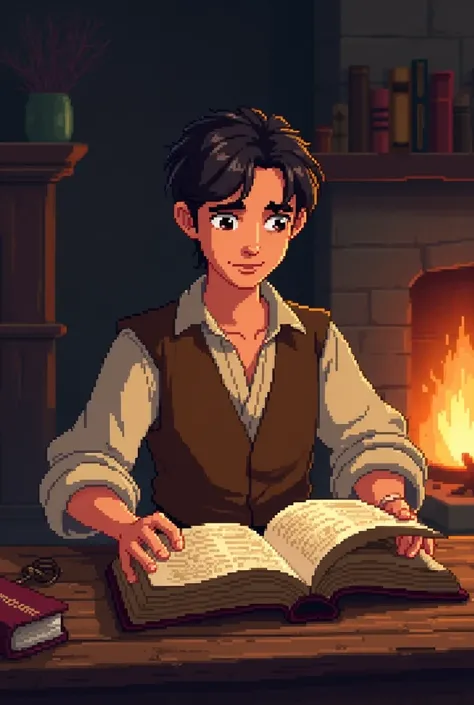 Create an epic Disney pixel-style image of a young man opening a bible