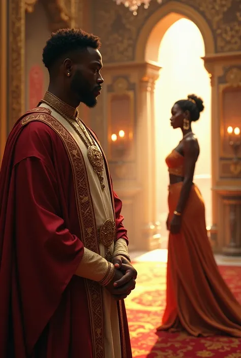 an handsome nigerian prince in the palace looking at a beautiful nigerian woman from afar