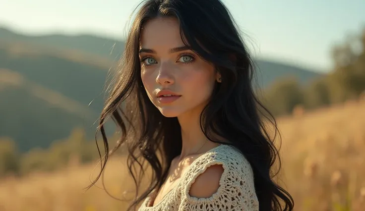 Girl with black hair and blue eyes and a wool blouse 