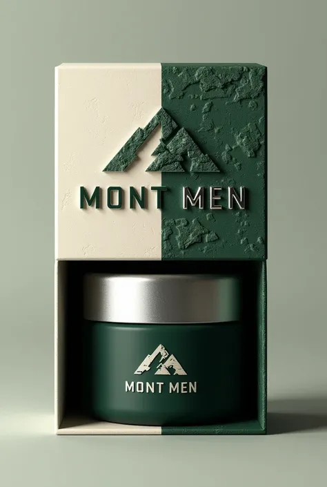 for "Mont Men" Shilajit packaging with a rugged, masculine design. The outer box features an elegant, split design: the lower half in a textured cream white, while the upper half has a rough, matte forest green with hints of dark stone-like texture. A styl...