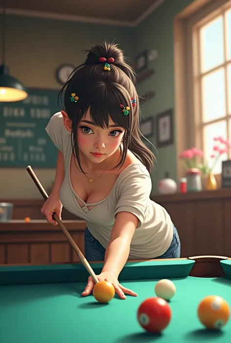 "A young woman playing billiards in a casual indoor setting. She is leaning forward, holding a cue stick, aiming for a shot. The room has a pool table, scoreboards, and various items in the background. She is wearing a loose, casual outfit, and her hair is...