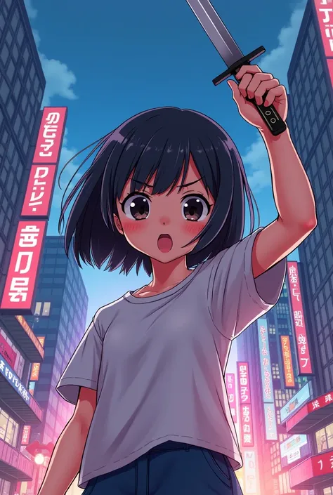 , the face is a Japanese girl /The background is a city/What I'm holding is a dagger / , the costume is a shirt and pants cartoon-like