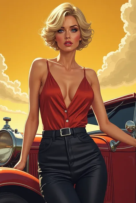  Create an action movie poster from the 1920s ,  with a background car and an empowered female character, your hair is light blonde ,  short and wavy ,  her eyes are violet ,  thin nose and pink mouth . high, skinny and has a thin waist ,  wears clothes fr...