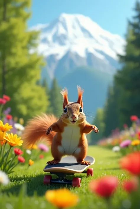 "A realistic photograph of a squirrel riding a skateboard through Stanley Park in Vancouver, surrounded by vibrant green nature and colorful spring flowers, under a bright blue sky. The scene conveys joy and adventure, with a playful atmosphere."