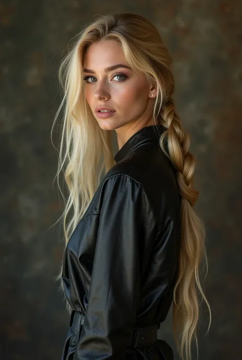 Polish woman of 18 , blonde,  with voluminous ass ,  lates with well-detailed wrinkles ,  eye makeup , long sleeve blouse, leather,  sexy body , botas leather,  horse hair with cocoon or braids on one side.