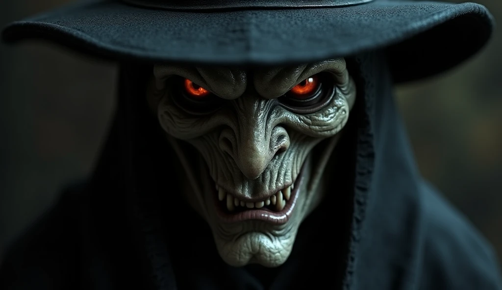 Create the image of the demon in the black hat: a realist and creepy image focusing on the face 