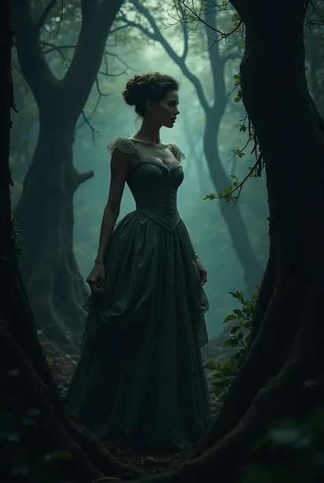 regency woman in a dark forest