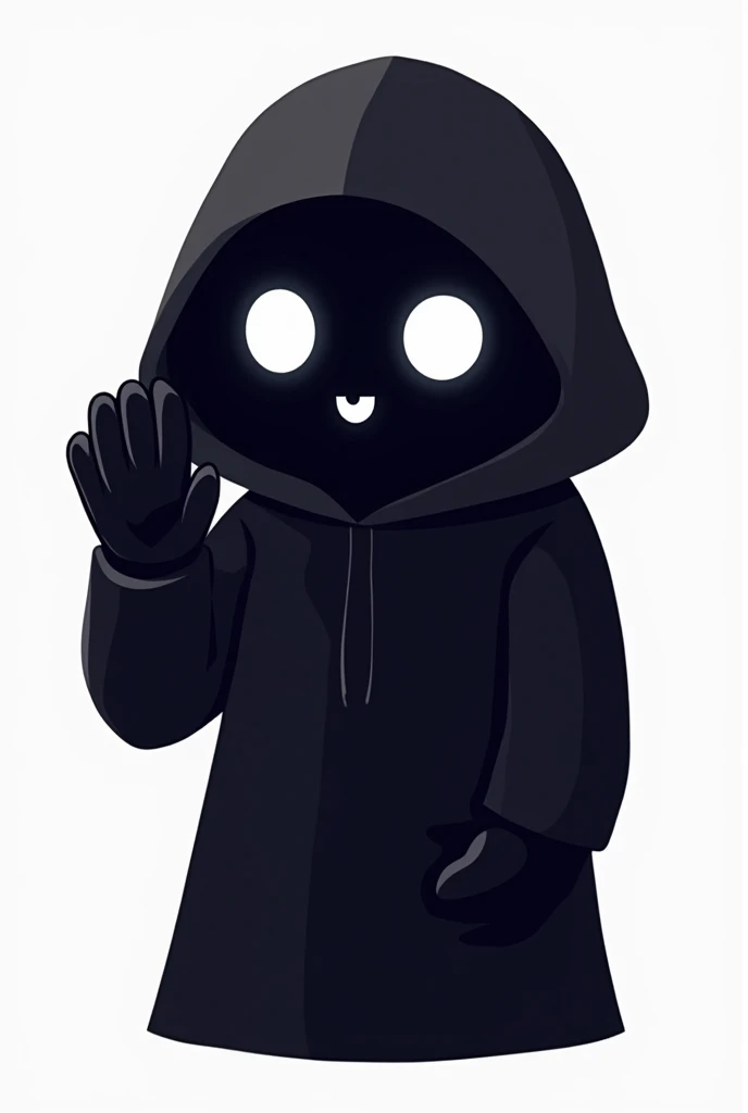 A simplified dark hooded character ,  glowing white eyes and a friendly but mysterious expression ,  raising a hand as if greeting .  Minimalist cartoon style design ,  for a Twitch emote .  transparent background,  highlighting the eyes and the raised han...