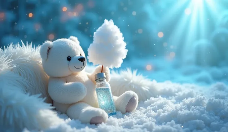 fluffy cotton candy, cute white plush bear with glitter nose and paws sits near on the white fluffy fur couch with glitter elements, water bottle illuminating with a light. In a white very fluffy Fur gloves with a glitter elements. Shining light blue under...