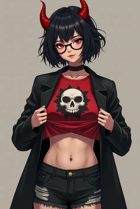 A white girl,  short black hair,  with red and small demon horns , wearing round black glasses ,  red shirt with a skull printed , black coat on top,  wearing black denim shorts .  she is in front tearing off her red shirt and showing off her super short b...