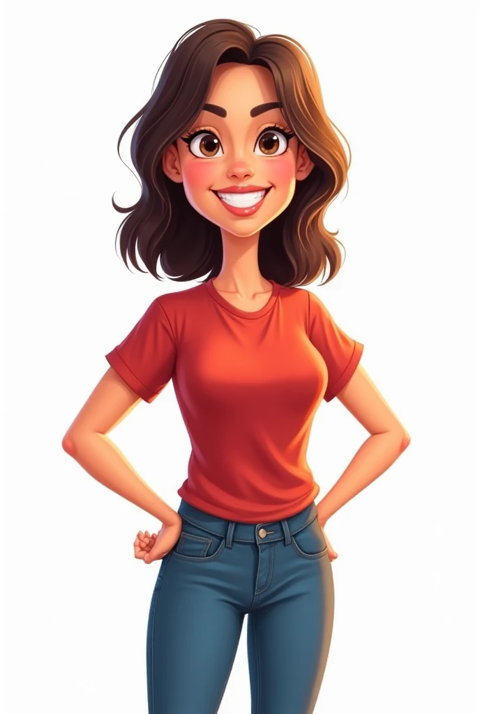 A confident, smiling woman in her early 30s, with shoulder-length dark brown hair and bright brown eyes, stands with one hand on her hip, looking directly at the viewer with a motivational, encouraging expression. She has a medium skin tone, wearing a casu...