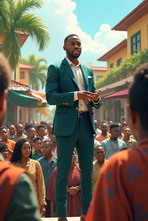 an handsome  young nigerian prince addressing the people at the village square make it modern