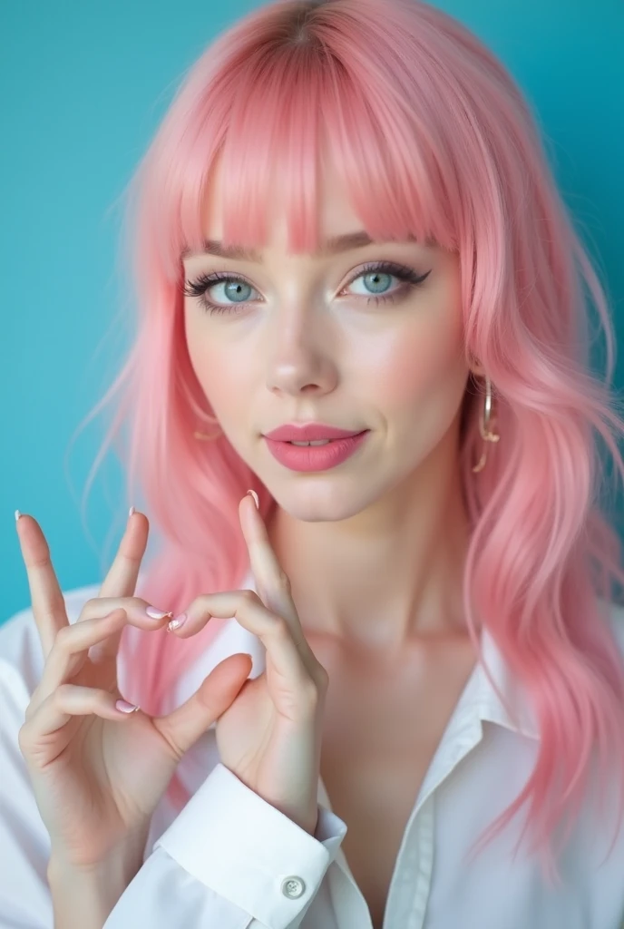  masterpiece,  best quality,  incredible quality bangs,  very aesthetically pleasing, absurdities,  newest ,  scenography, highly detailed ,alta resolución, Close-up Portrait ,girly,Women, pink hair,The young man, pink hair, long hair, blue eyes,light skin...