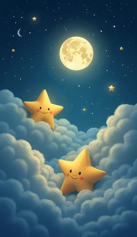  A dreamy illustration of the moon and the star playing hide-and-seek behind fluffy clouds, with their light peeking through.