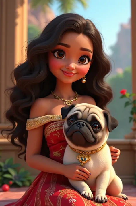 Take a 3D Disney cartoon style photo of a brunette  with curly hair, Moana style, with a very stylish face and hair with her very princely pug puppy 