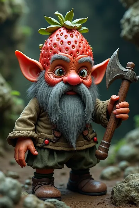  The image shows a fantastic character who looks like a gnome or leprechaun .  He has a face covered by a texture similar to a strawberry ,  with visible seeds and a reddish hue .  His head is adorned with leaves and small fruits or nuts ,  reinforcing a n...