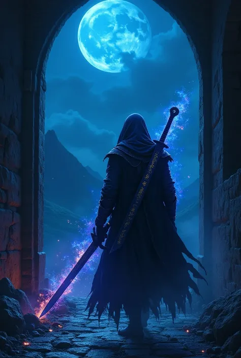 A warrior made of dark energies that look like dark blue and dark purple mist and flames. He has a cloak and his face is shadowed under the cloak, underneath his cloak he has a light armor made of leather and reinforced with dark black metal. He has a dark...