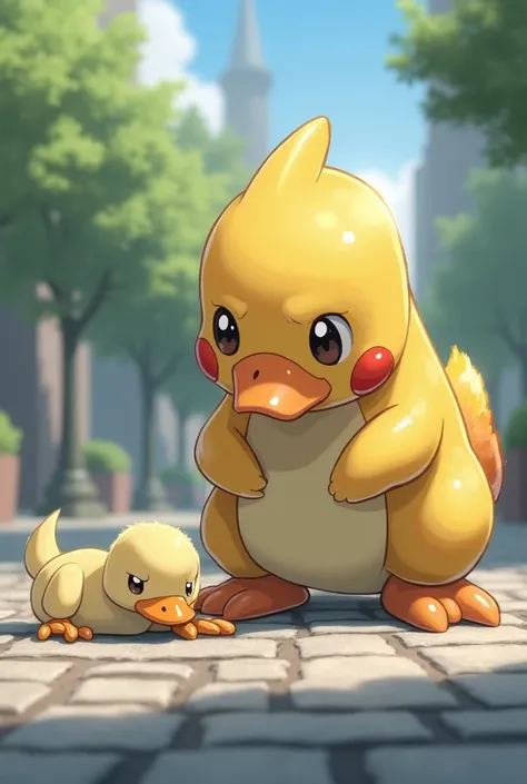 pokemon saw a little duckling lying on the pavement so he bent the duckling