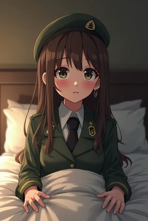  source  _animated, 1girl, Alone,  long hair , looking at viewer, blush, brown hair, shirt, hat, jewelry, earrings, necktie, indoors, uniform, militaryy, militaryy uniform, kiwako mesin flugel ,  black eyes, tie, uniform, military,  military uniform , bere...